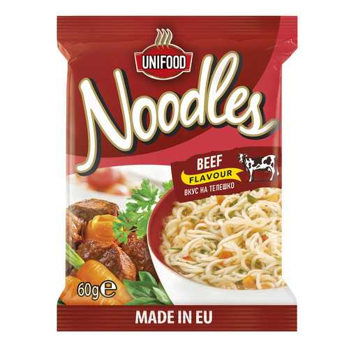 Бързи и вкусни инстантни нудли телешко 60гр - готови за 3 минути, вкусно и засищащо ястие по всяко време.